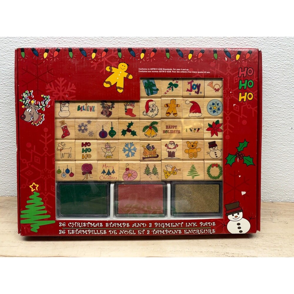 36 Christmas  Wood Mounted Rubber Stamps And Pigment Ink Pads NIB